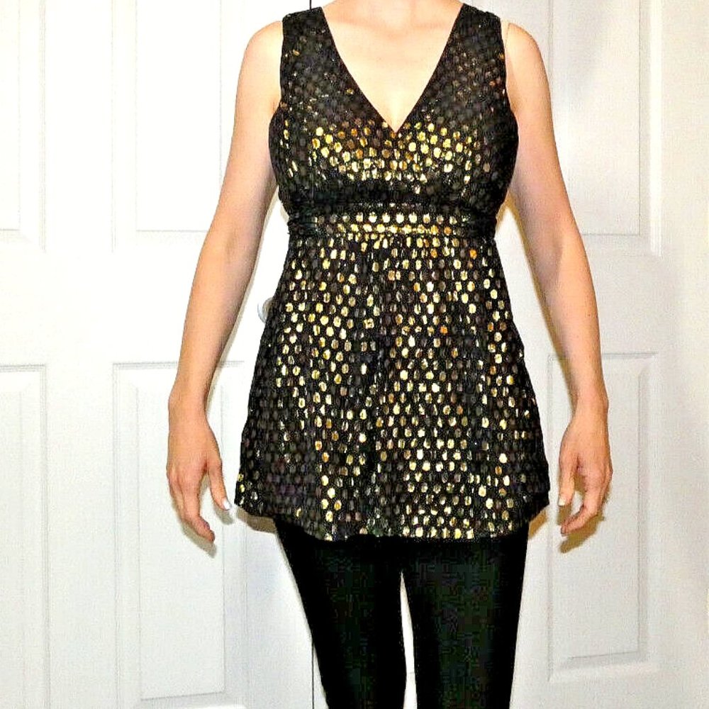 Black Silk Blouse Chiffon Layers Gold Polka dots Party Valentine Day Size M - Picture 5 of 11